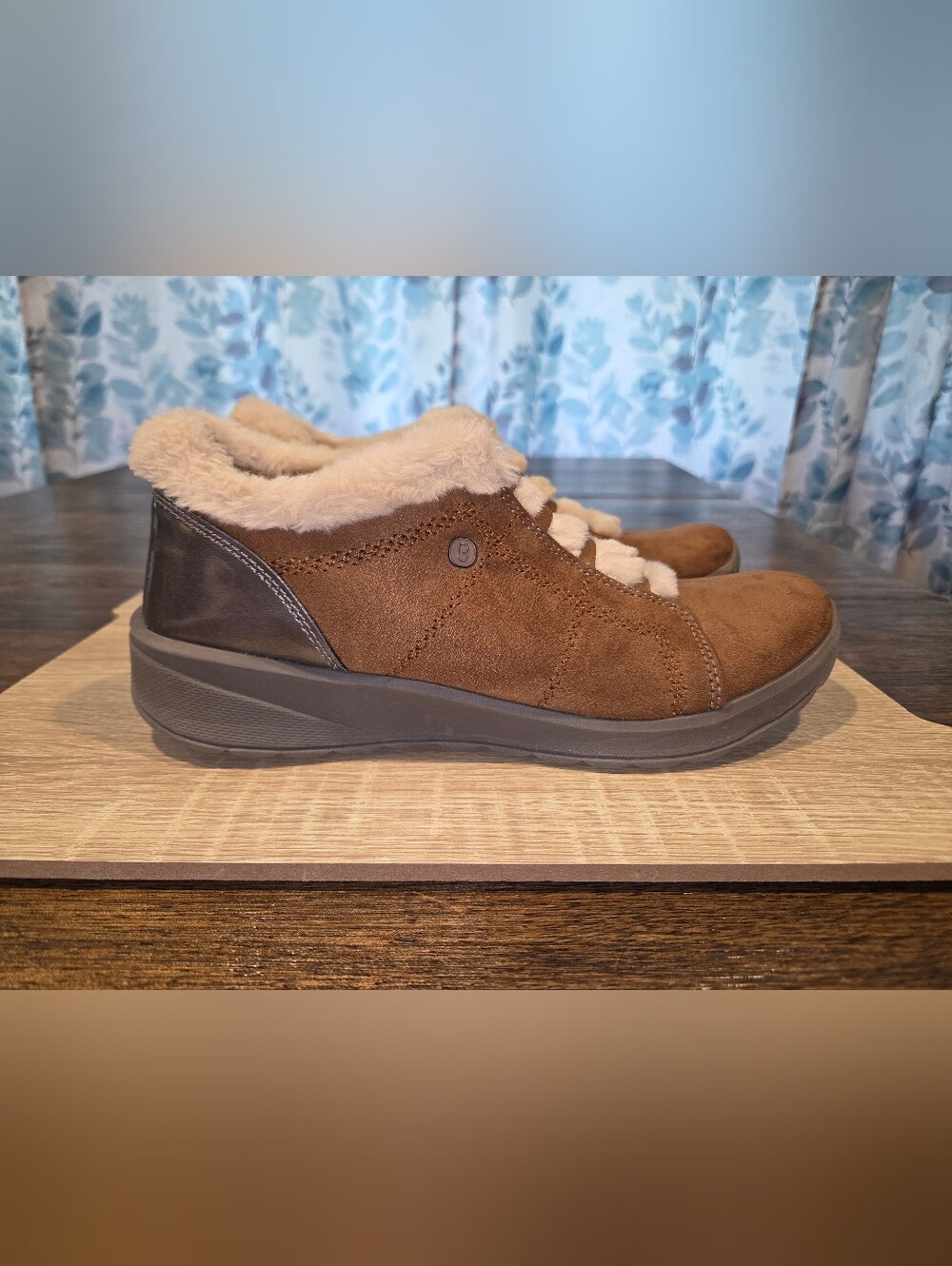 Bzees Brown Suede Slip On Ankle Booties with Cream Faux Fur Trim